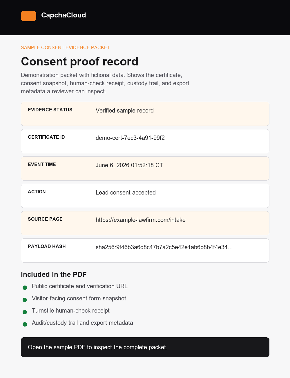 Preview of a sample AEOSOS consent evidence packet PDF
